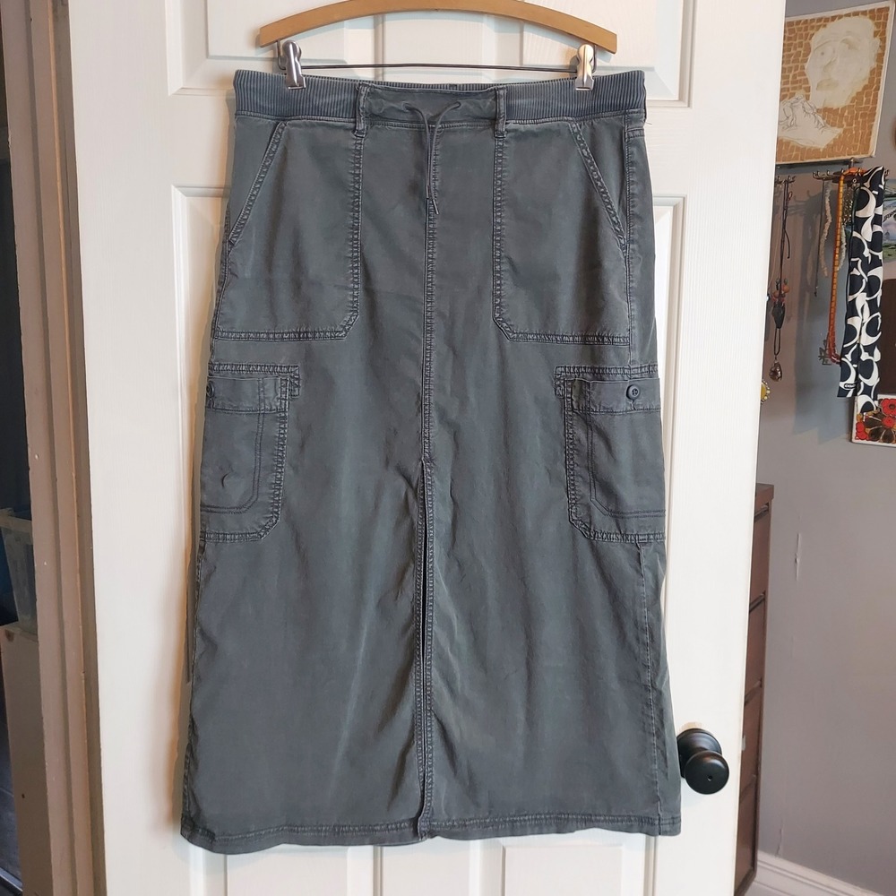American Eagle Gray Cargo Maxi Skirt 14 Ribbed Waist Utility Long Front Slit